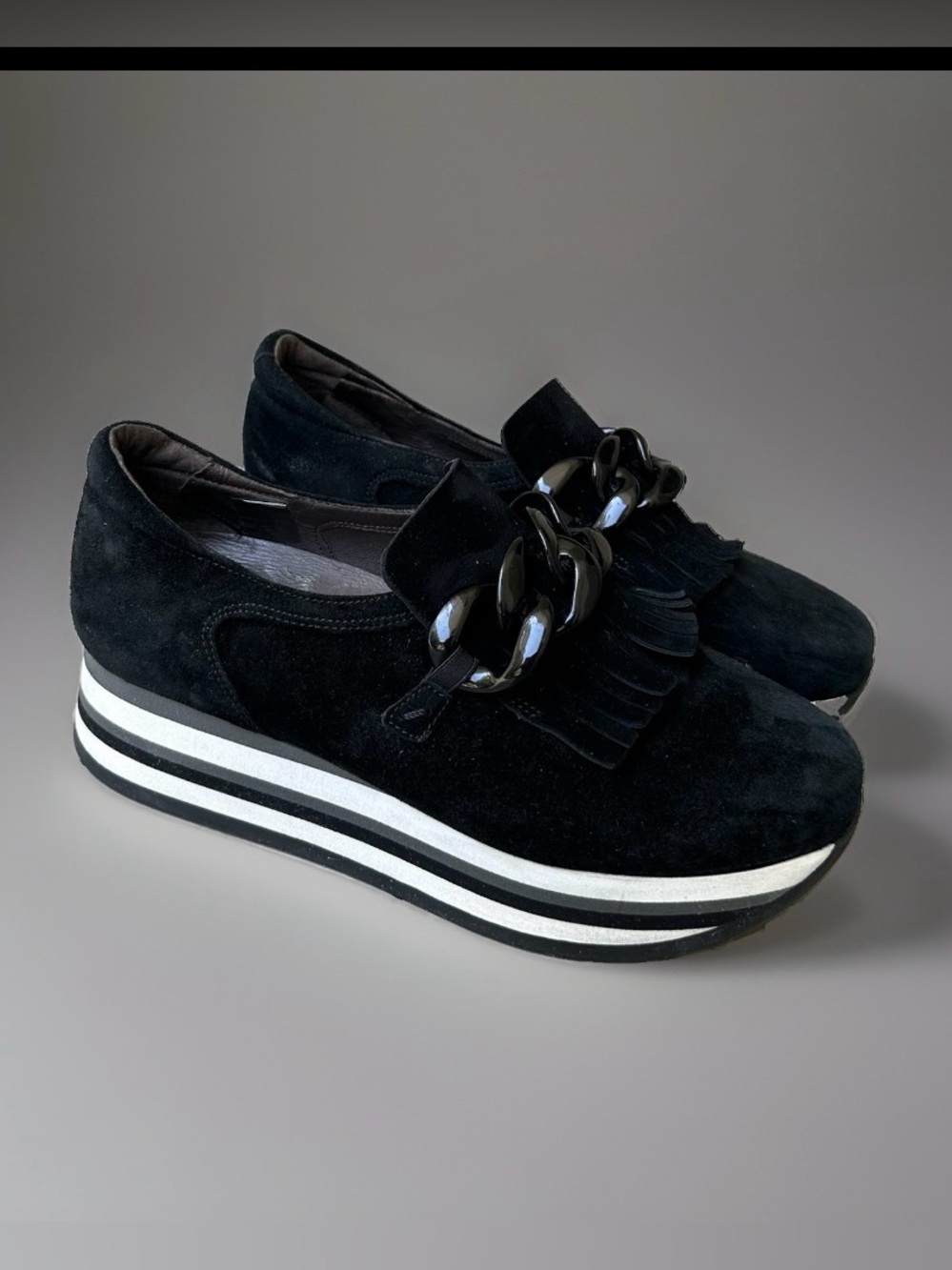 Softwaves Adaya Black Suede Platform Slip-On Sneakers with Chain Detail~EU38